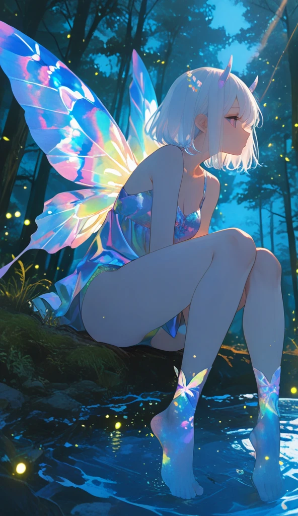 a fairy, delicate horns, in profile, white hair, long sideburns, short bob hair, eyes with different colors, cleavage, butterfly wings, colorwater, colofull, full body, (((sitting only in panties with her feet in the water extremely bluish))), fireflies light up the night, big ass, thick legs, beauty forest, {extremely detailed 16k CG unit wallpaper}, expansive landscape photography, (a view from below with focus on the character and the sky above), ( wide open field view), (low angle shot), (high light: 1.1), (low light: 1.5), (warm light source: 1.2), complex details, (iridescent colors: 1.5), (bright lighting ), (atmospheric lighting), dreamy, unique, fairy tale
