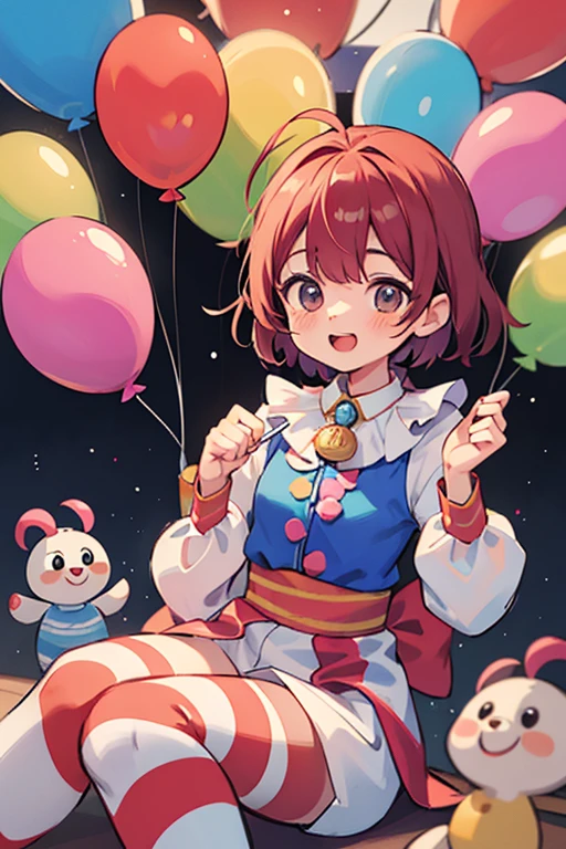 1girl, :D, standing, black elf shoes, white clown clothes, pink polka-dot, pink cheeks, clown makeup, short sleeves, white gloves, natural , chubby cheeks, black hair, short hair, masterpiece quality, ultra HD, 4K, best quality,