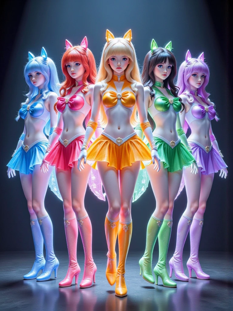 A serene fantasy forest scene featuring multiple adorable cat girl friends posing amidst vibrant flowers and intricately detailed trees. Each girl boasts stunning cat ears and tails, donning bright smiles as they frolic among fireflies on a warm summer evening. ((Ultra realistic)) 8K-quality rendering showcases perfect scenery with ((vibrant colors)), complete with ((extremely detailed background)) of towering trees and lush foliage. The girls' skin glows with a radiant sheen, their beauty enhanced by the soft, golden light filtering through the canopy above. ((Hyper realistic)) attention to detail is evident in every aspect, from the intricate textures of their clothing to the delicate petals of the surrounding flowers. (((three girls))), ((colorful hair)),