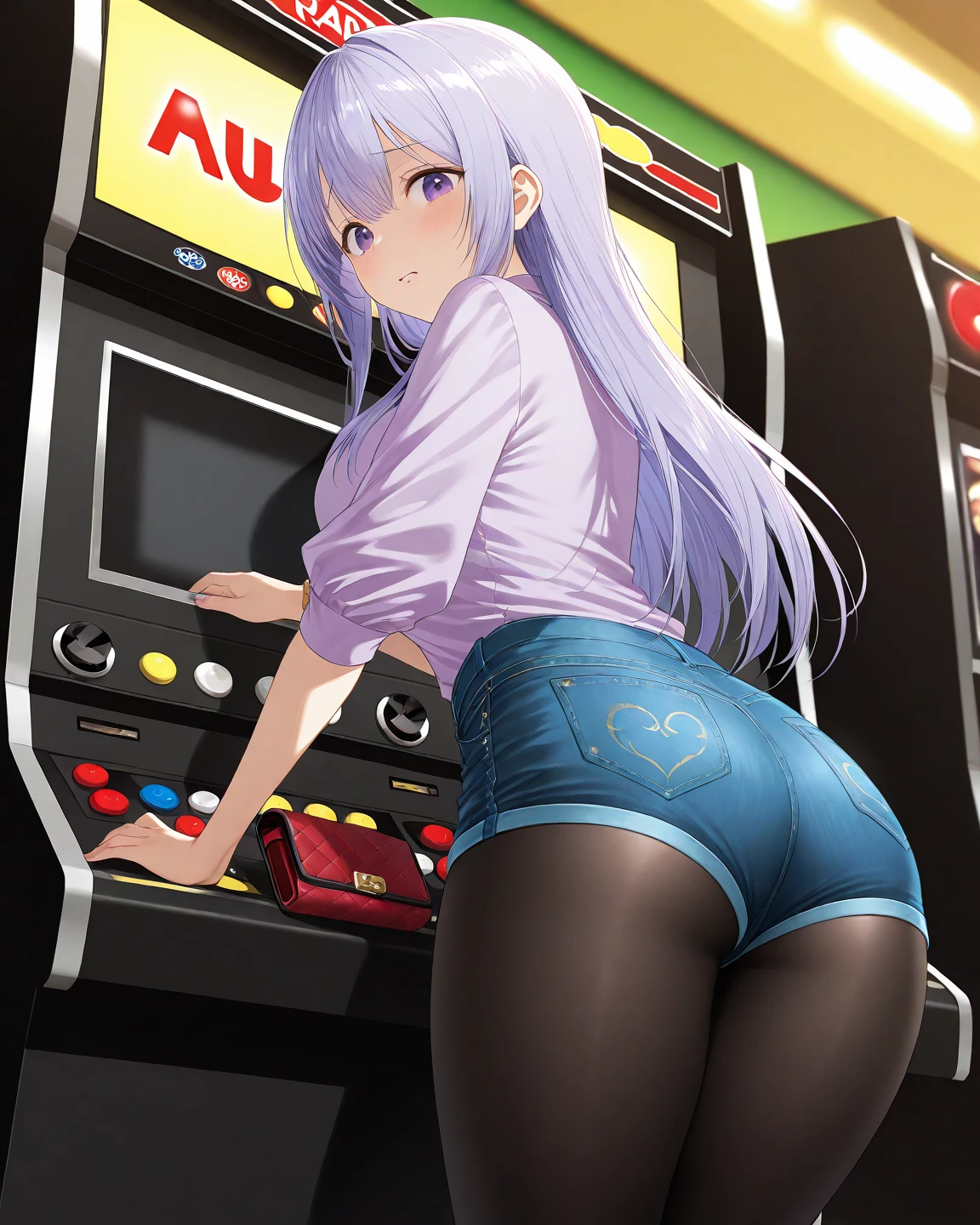 1girl, (Blue eyes), (smile), (Sana Minatozaki), (wide hips), Big , big ass, (Best Quality, 8k, Masterpiece: 1.3), perfect hands, Clear Focus: 1.2, Perfect Body Beauty: 1.4, Slender Abs: 1.2, Highly detailed face and skin texture, detailed eyes, double eyelids, (blonde long hair :1.2), look back, view from back, wearing a super tight anime printed leotard, an anime printed super tight off shoulder long sleeve crop top, a super aesthetic transparent mini jacket, pink jordan tennis, in the arcade games
