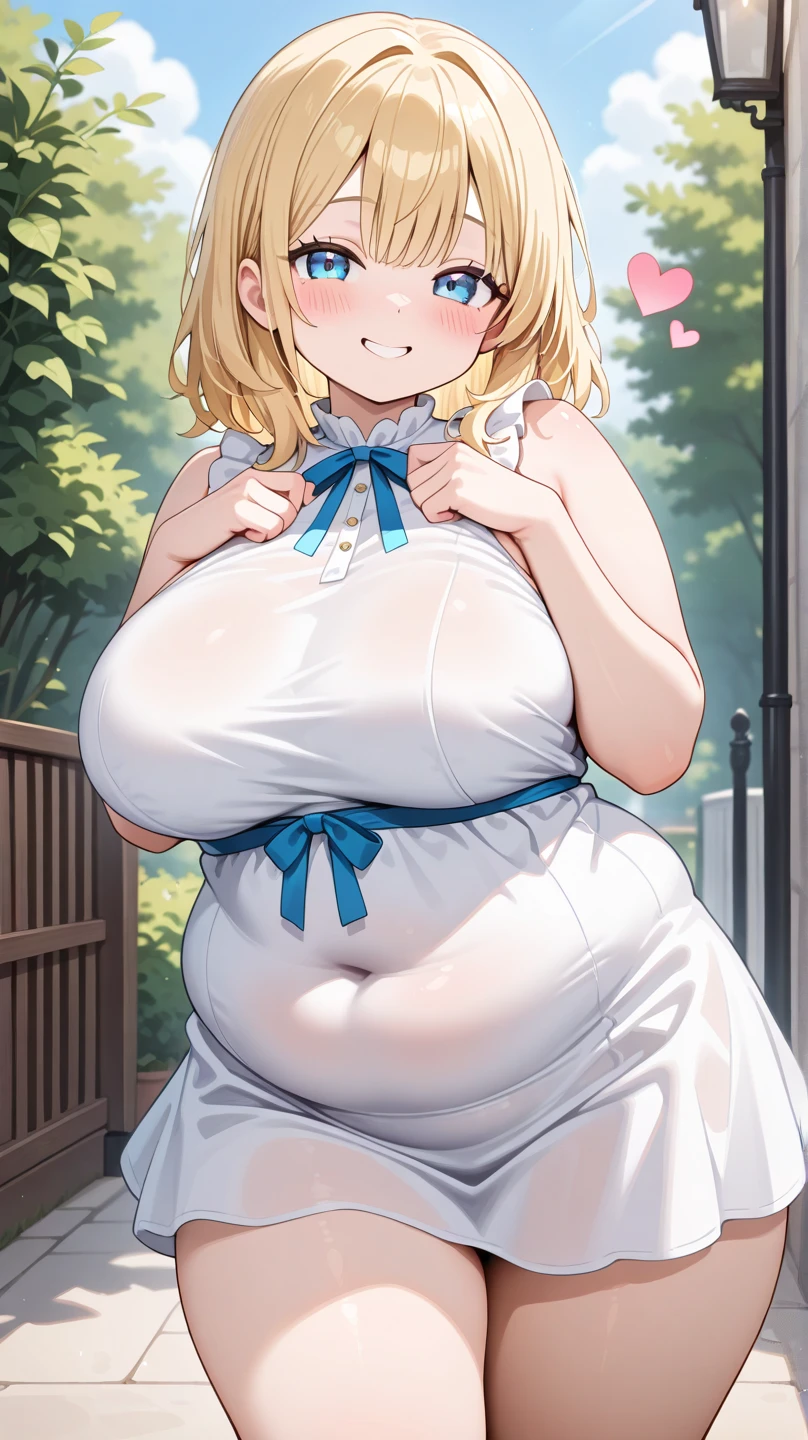 1girl, solo, long hair, glasses, blonde hair, (((giant breasts: 1.3))), large breasts, twin tails, (thighs: 1.2), heavy blush, (thick thighs: 1.3), heavy blush, wide hips, choker, heavy blush, (happy: 1.3), simple background, shiny skin, wet skin, inside, facing the viewer, (cleavage), ((lewd)), best quality, smiling, white dress, open mouth, fang, short skirt, profile,