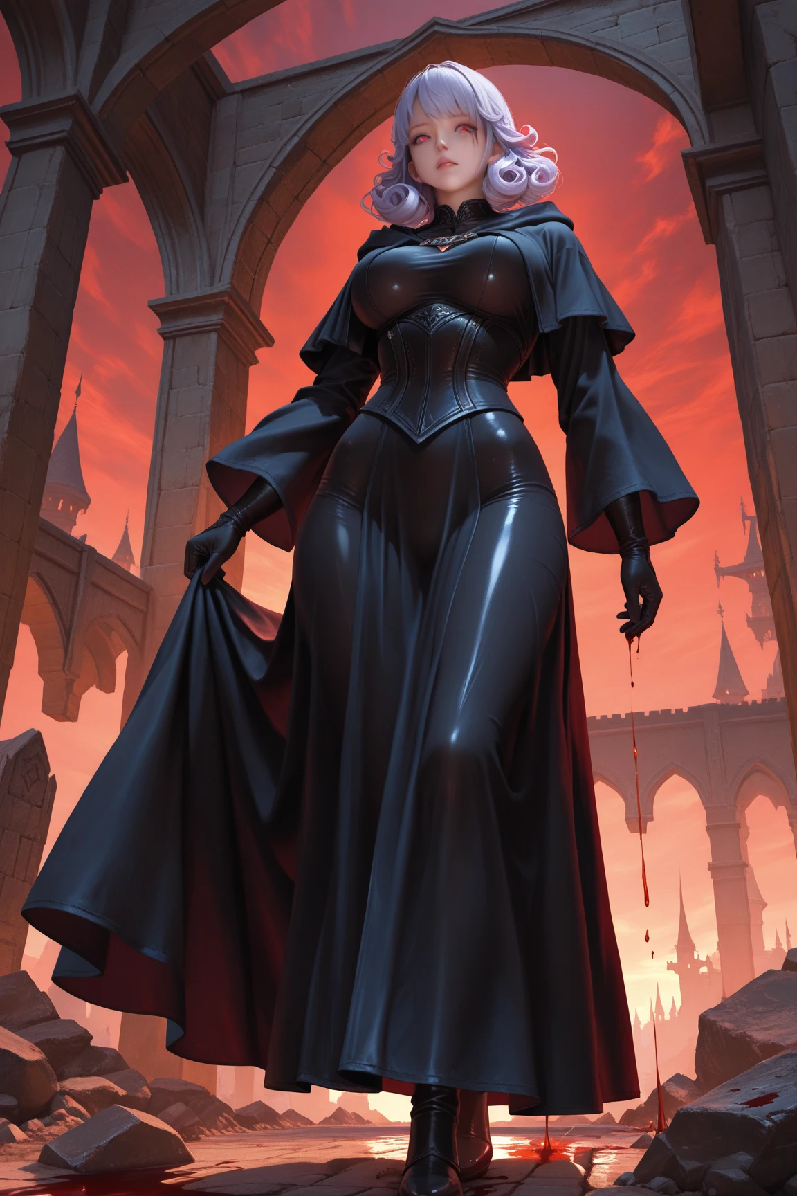 full body female (Warhammer Art Style, Adepta Sororitas, Battle Sister, White hair, bob haircut with bangs. 16k ultra hd, portrait), holding hands a bouquet (both hands) photorealistic, fullbody, bedroom background, royal bedroom, black gloves, black socks, tiara, white hair, laying down on bed, red cape, yellow bikini, high heels, raw photo, DSLR, 8k, 4k, UHD, DSLR, high quality, soft lighting, nikon, canon, hands on hips. red tattoo on belly