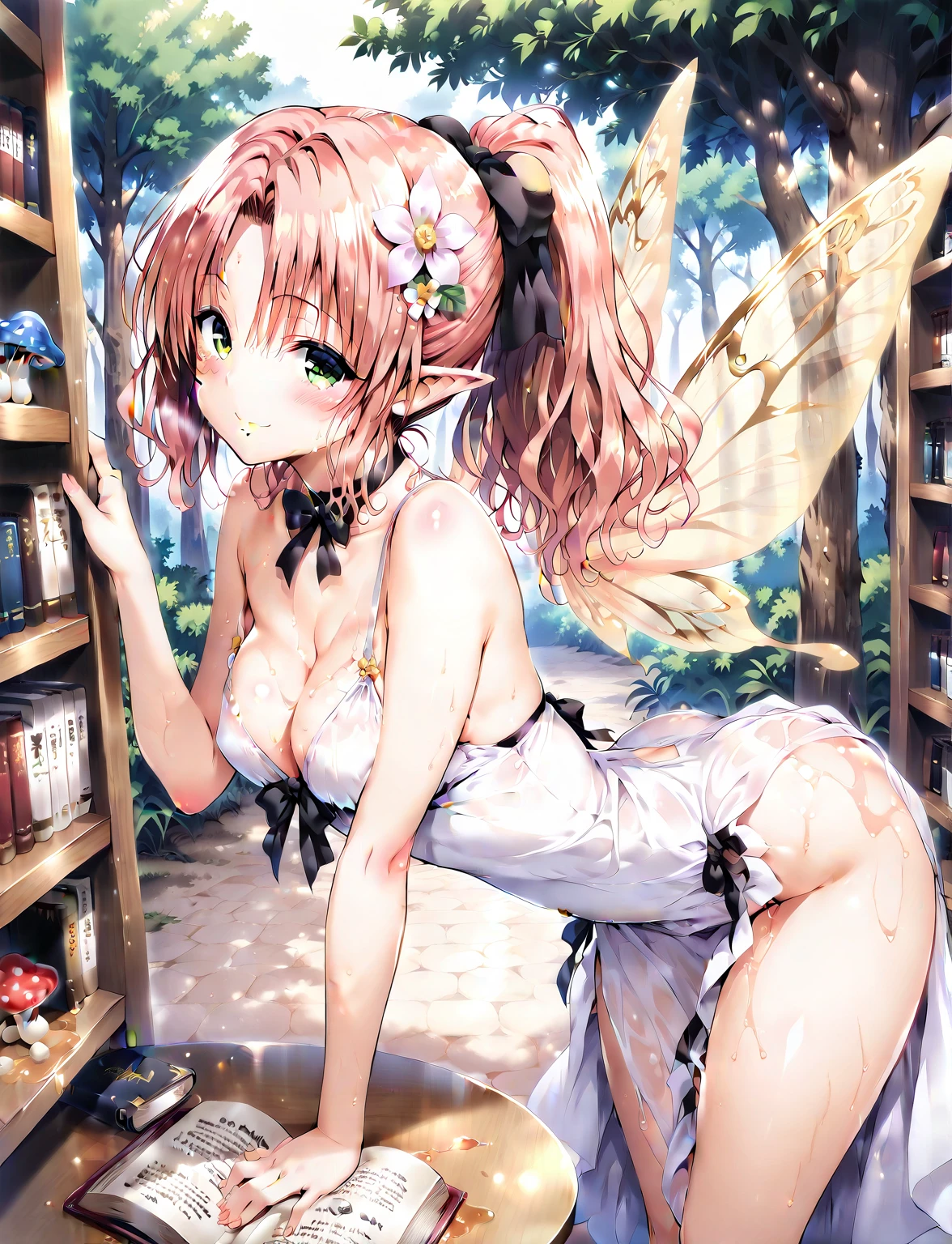 ((masterpiece)), ((highest quality)), (ultra high resolution,8K),(Ultra high fine mesh,4K), (Highly detailed CG integrated 8k wallpaper), (perfect anatomy,anatomically accurate), (Angle from below), (((Three fairy sisters with sexy charms sitting on a high tree branch and looking back))), (((Faithfully reproduced three big-breasted sisters fairies))), detailed fairy, (Sitting on a branch of a tall tree:1.5), ((nude, Hide your buttocks with your hands)), (nude, Hide the buttocks), beautiful butterfly in flight, (Surprised gesture:1.4), ((whole body)), (brown hair +1.2), blonde hair, (short bangs), (dynamic composition), High definition beauty face, (more beautiful blue eyes), (open your mouth), (wet body)), shiny skin, fine skin, thin hair, background, (Butterflies flying around a woman), (starry sky), forest, Pillar of Light, moonlight, Sparkling, (midnight, darkness), Shining six-pointed star, Wind