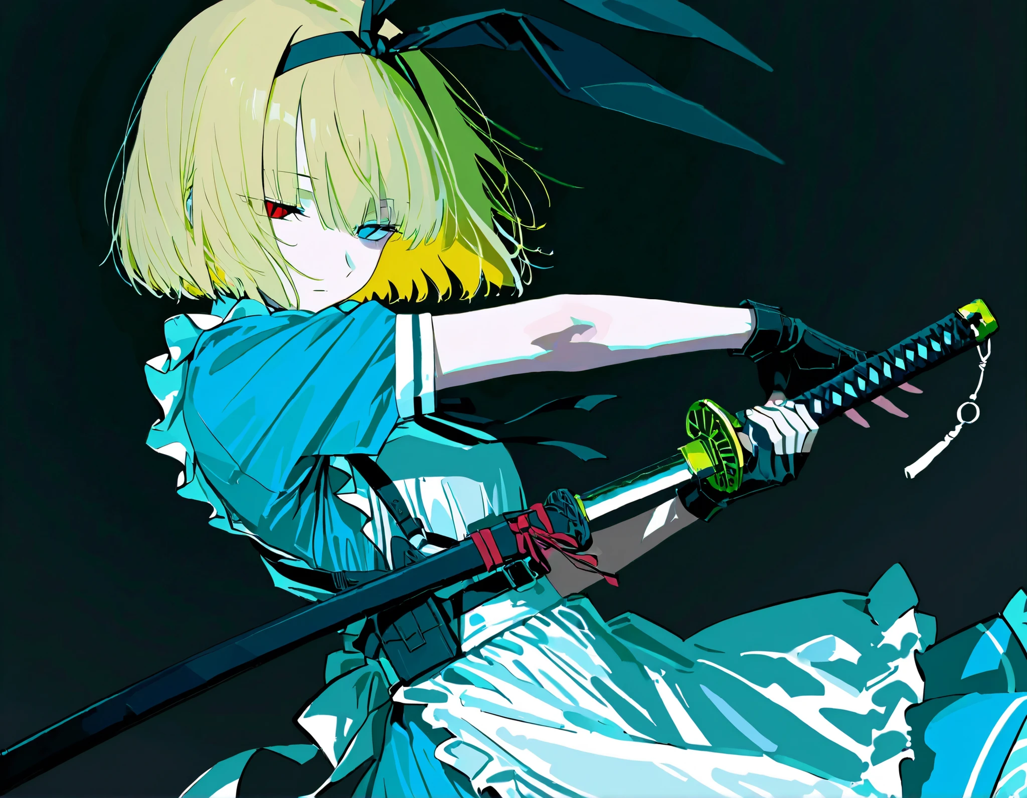 1girl, solo, standing, from side, newest, highres, highly detailed, best quality, masterpiece, stylish pose,
(weapon, katana, holding sheathed katana:1.5, perfect katana), (light blue maid dress), white frill, white maid apron, black fingerless gloves, short sleeves, black Headband, shimakaze black ribbon, action of a soldier wielding, black body harness
Expressionless, half closed eyes, slit pupils, heterochromia, lightblue eye, red eye, bangs, blonde hair, bob cut,
score_9, score_8_up, score_8,source_anime,