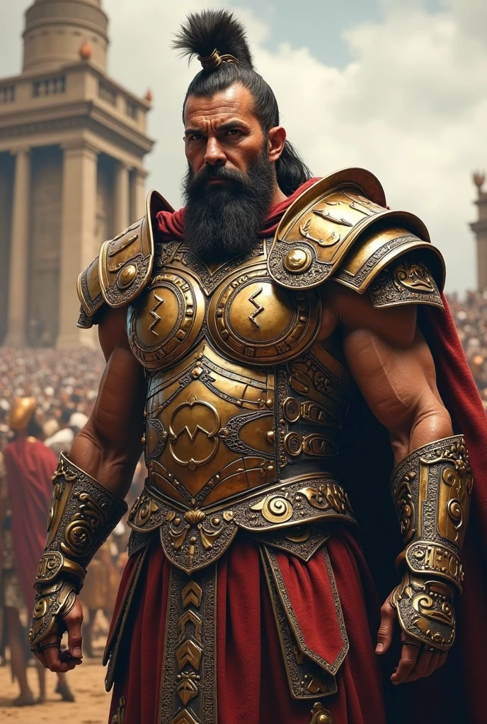 The arena falls silent as the mighty Ares steps forth, his muscular form casting an imposing shadow. His eyes burn with the intensity of a thousand battles as he scans the crowd, daring any challenger to face him. With a thunderous roar, he raises his fists, ready to unleash his fury upon any foolish enough to stand against him.