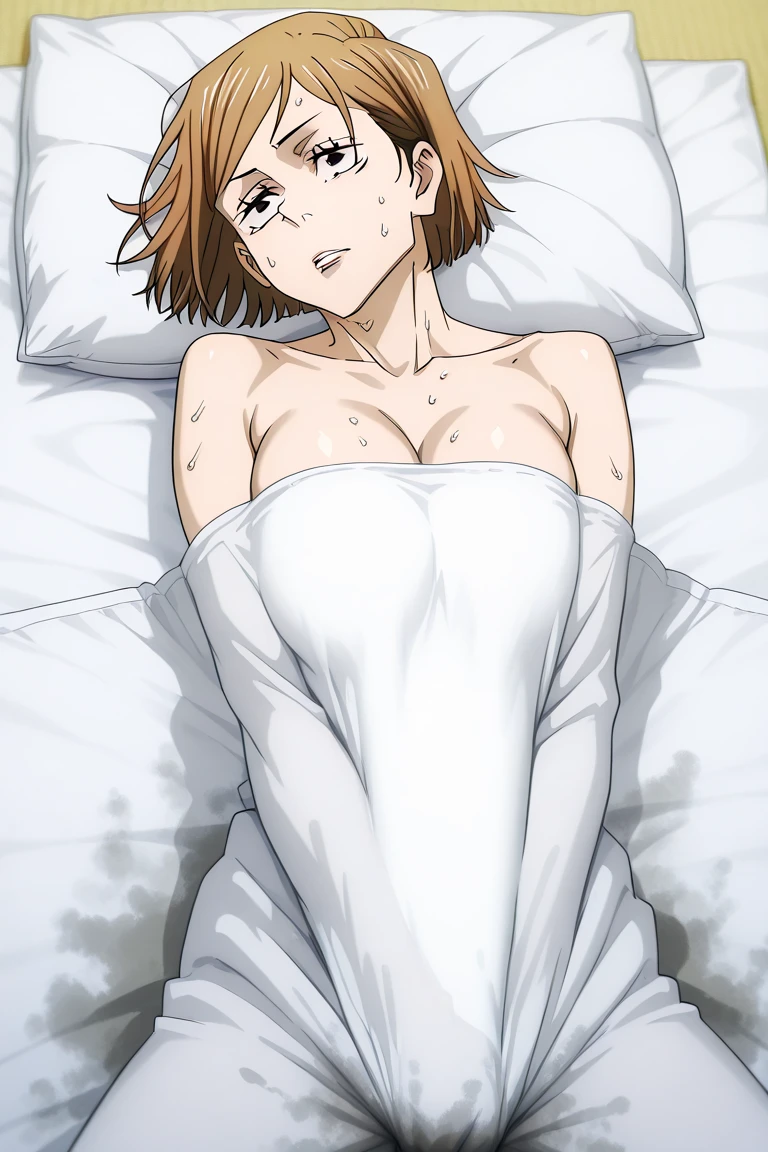 { masterpiece : best quality : high resolution : unity 8k wallpaper : illustration } { Background = inside dark bedroom } { Chie Satonaka : naked : ) : perfect fit body : small breast : expressionless : blank eyes : on the bed : lying down : deflated skin }