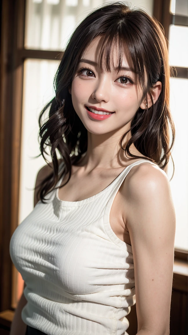 (Ultra Realistic), (Illustration), (High Resolution), (8K), (Very Detailed), (Best Illustration), (Beautiful Detailed Eyes), (Best Quality), (Ultra Detail), (Masterpiece), (Wallpaper), (Detailed Face), Upper Body Up,Armpits, Smiling,Plump,Solo,Simple Black Tank Top Girl, Sweaty, Japan People, Big, (Camel Toe)