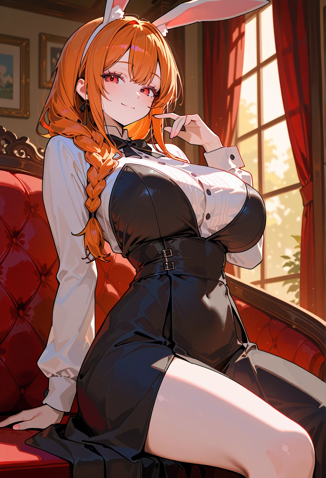 masterpiece, best quality, ultra detailed, looking at viewer, intricate details, rich colors, sharp focus, volumetric lighting, dramatic atmosphere, looking at viewer, 8k, 4k,light particles, highly detailed, detailed eyes, solo, (hair over eyes:1.1), split ponytail, clothing cutout, earrings, jewelry, miniskirt, white skirt, leotard, white jacket, long sleeves, Big , arms behind head, crossed legs,
