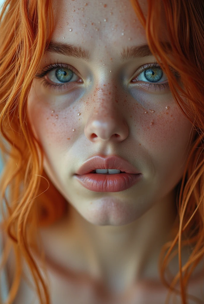 Redhead with blue eyes and freckles, 40 years old