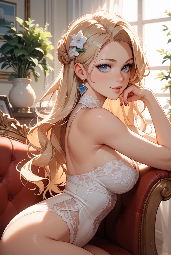 (Highest quality、Best image quality、Highest Resolution、Very beautiful woman、Perfect ???????)、bright light blue eyes、Smaller diamond-shaped earrings、Look closely at the camera、Beautiful silver blonde hair、Lip gloss、Very cute smile、Beautiful upper teeth、Shining light from the window、Slightly larger eyes、Small face、Tall Supermodels、very beautiful big breasts、 Cleavage、Beautiful outdoor background with very blue sky and clouds、Please put your hands on your hips、Dynamic Angle、Eye focus、Bring your finger to your mouth、Very beautiful 2０age、 Sharp jawline、  Deep neckline, Sexy Legs, Perfect Ass, Great ass、Sexy Lingerie
