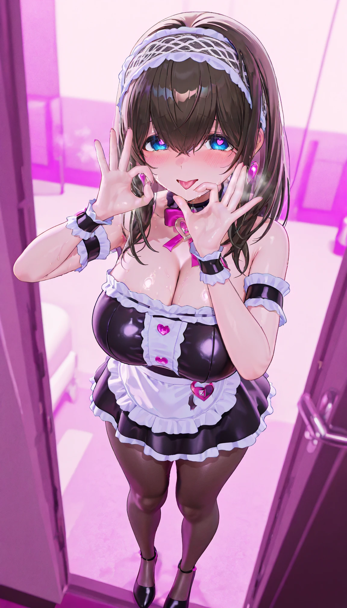 1girl,18yo,perfect hands, perfect finger,perfect anatomy, masterpiece, best quality,realistic, hyperrealistic, 16k hdr,, aamii, short hair, black hair, blue eyes, glasses, (naked nike pink apron:1.3),pub, from below,standing,(sweat:1.3),(happy smile),large breasts,upper body,necklace,(leaning forward,hands on own knees:1.2),spread legs,(from below:1.3)
