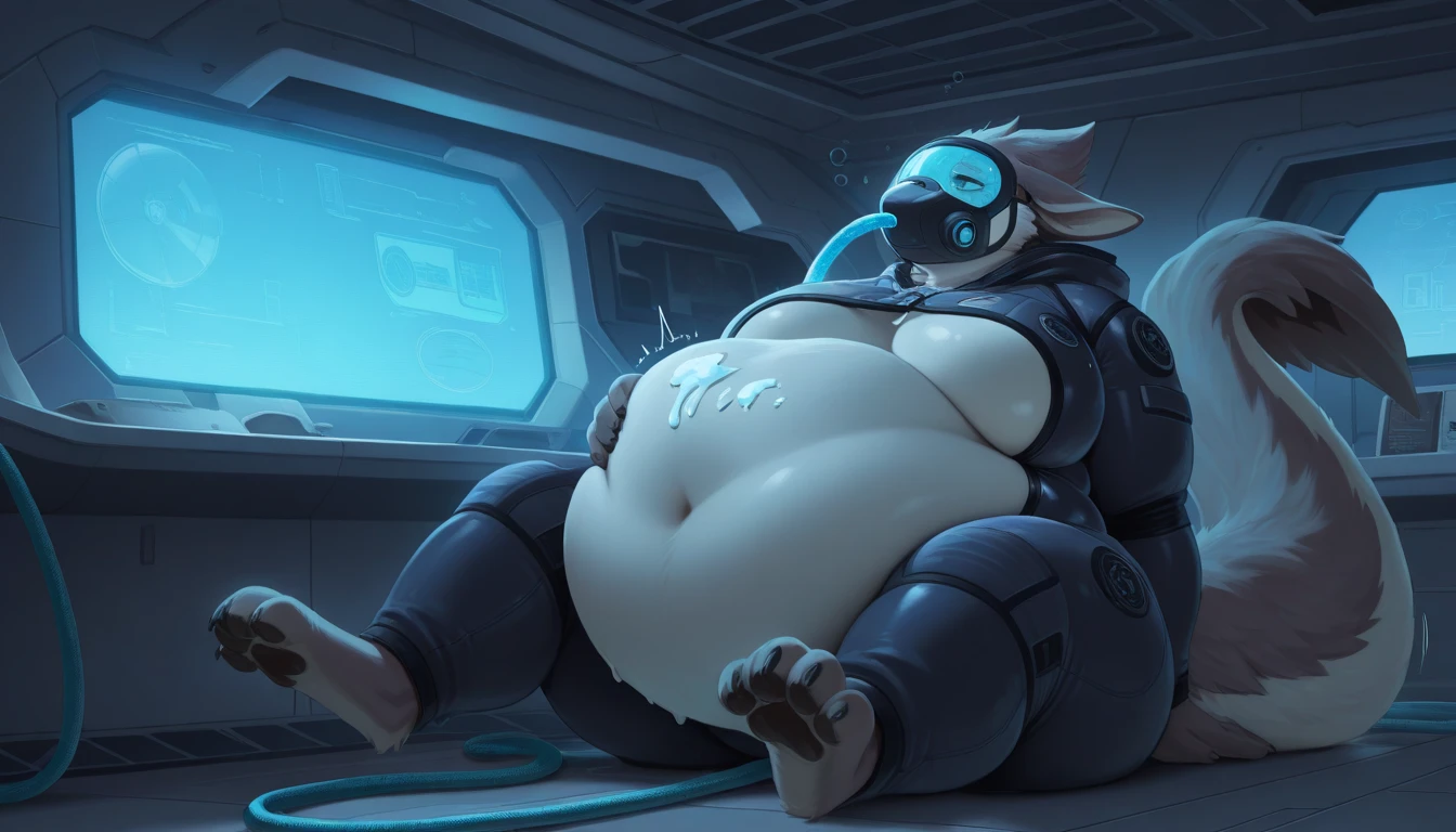 1girl, fempyro team fortress, fempyro, ((red leotard)), black gas mask, harness, big breasts, high res, high resolution, white skin, realistic, raw photo, nipple outline, (((very very huge inflated belly))), hood, cat ears, (((huge belly))), sitting, leaning back on the wall, stretch marks on the belly, in a locker room, (((milk bottle in hand))), ((red glowing eyes)), (((belly full of milk))), (((bursting belly))), heavy looking, (((empty bottles on the floar))),