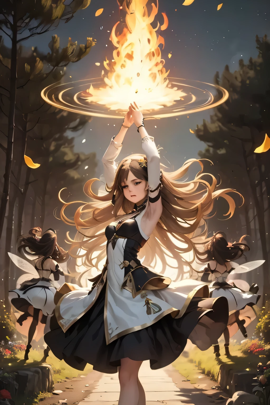 Elemental Magic Lesson Four fairies float in a circle, each surrounded by a different aura: dancing flames, waves of light, petals moving in the wind, and sparks of air.