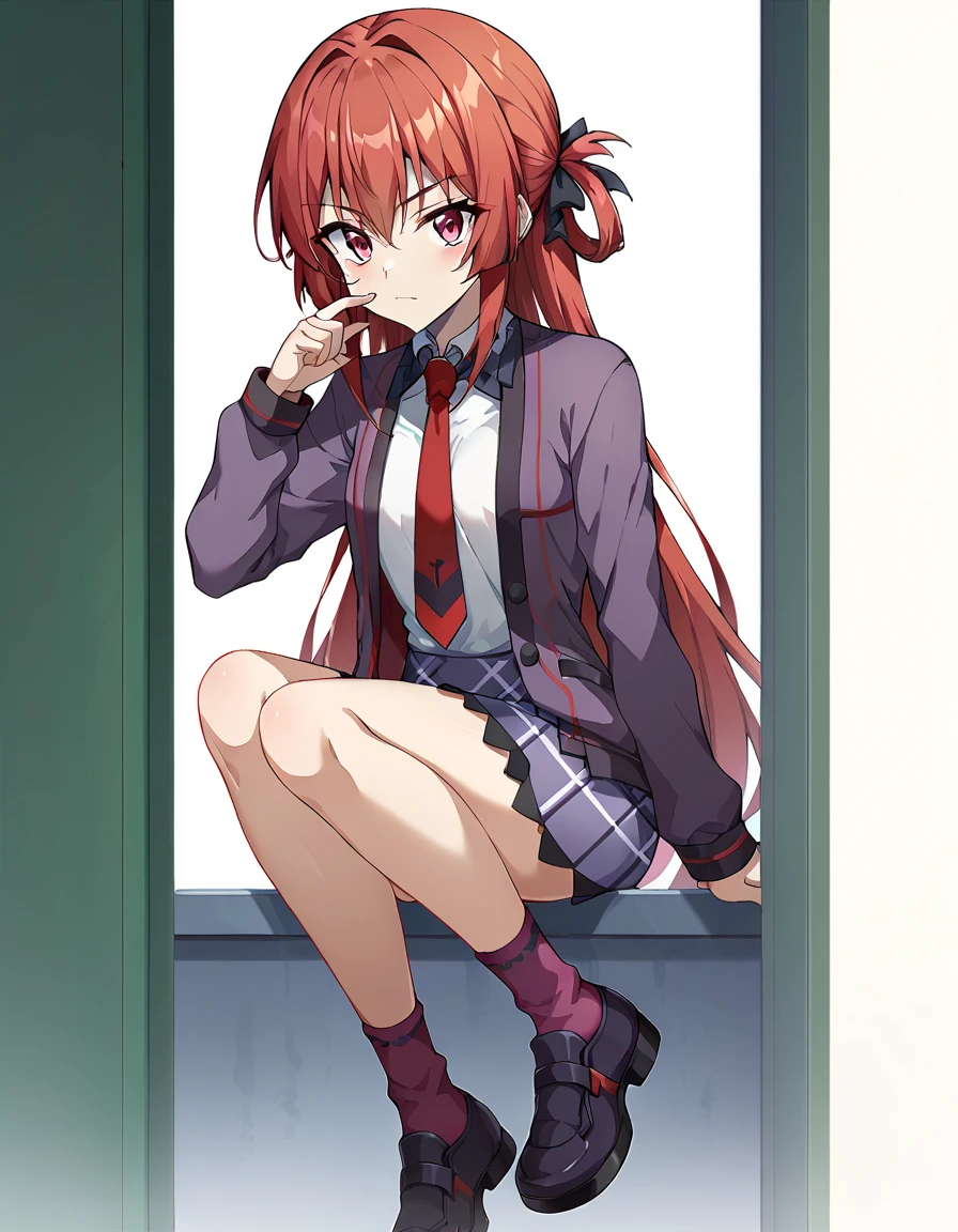 masterpiece, best quality, ayasakiremi, red eyes, twintails, open mouth, upper teeth, uniform, school, high school girl, bare legs, sitting on desk, black skirt, red hair, happy, 1girl,