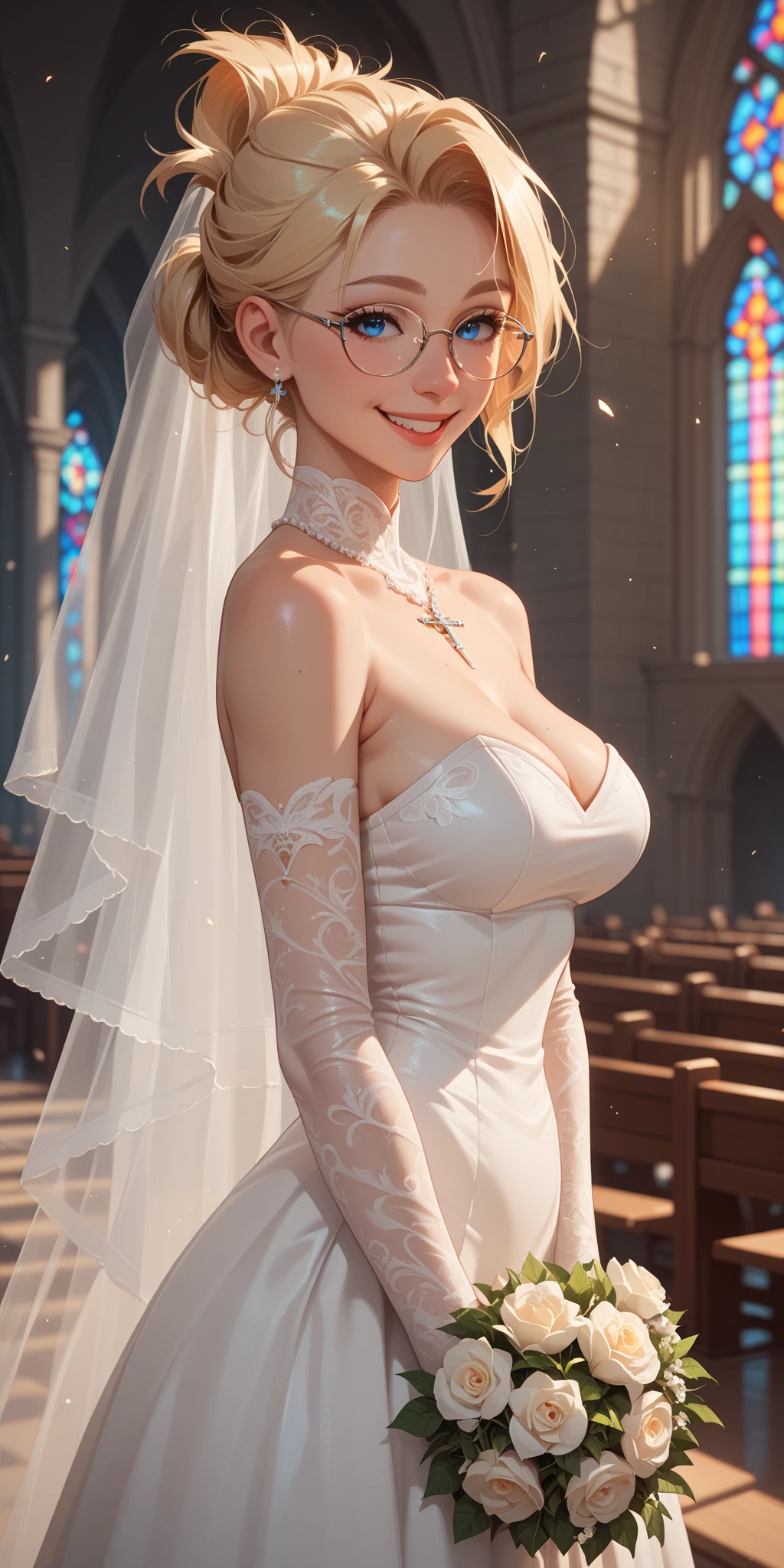 (((diamond bride)))，Delicate face, looking at camera, smile!!!，The face of Eros，Blonde hair, handsome, in church，sparkling diamonds，Big breasts，glowing bride，(crystal wedding dress) ,Taller，Irrigating color，The Arthur effect, Transparent body, Translucent molten glass gradient, caustic, transparent glass texture, irritating color, designed by dietrams, simple, glows in high detail, white back, industrial design, studio lit, C4D, OC renderer, clean shadows --auto --s2