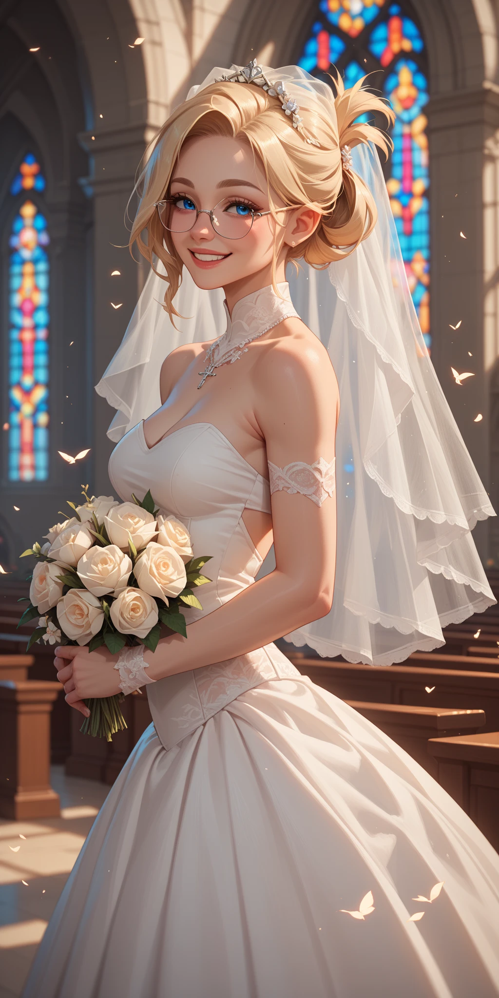 (masterpiece, highest quality, beautifully、beautiful:1.3), Upper Body, Recall, Show Viewer, One Girl, alone, A light smile, (Compensate, Long Hair, Light grey hair, Green Eyes:1.2), Save 0256, Bridal Veil, Lace Trim Dresses, See through, Wedding dress, Outdoor, White Rose, garden, morning, Are standing, Very detailed, 