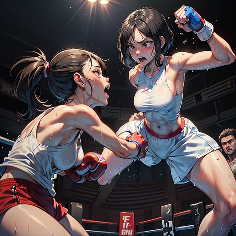 Drenched in sweat and covered in bruises, she is in a mixed martial arts ring against a female fighter. Her opponent woman pushing her poor belly by a fist. One eye closed and mouth open, she is gasping for breath and drooling. She is a cute Japanese high school girl with short-cut black hair. She is wearing a sports bra, high-leg shorts, and open-finger gloves. Small breasts, poor belly, slender body, poor body.