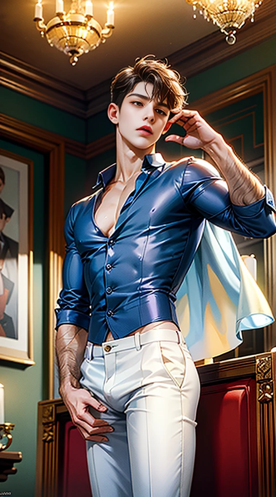 (absurderes, A high resolution, Ultra detailed, hdr), Masterpiece, Best quality, Portrait of a boy, Handsome boy with red eyes, Detailed face, Professional photo, The Alafed man is shirtless, Leaning comfortably，legs are open, (puffynipple(From below:1.1)), Focus on your audience,18 year old boy, Handsome boy, [ Firmly defined body ]，The royal blue shirt is open，Abs，chest muscle，short white pants，large bulge，white shoe，Close-up of feet，In front of the mirror，