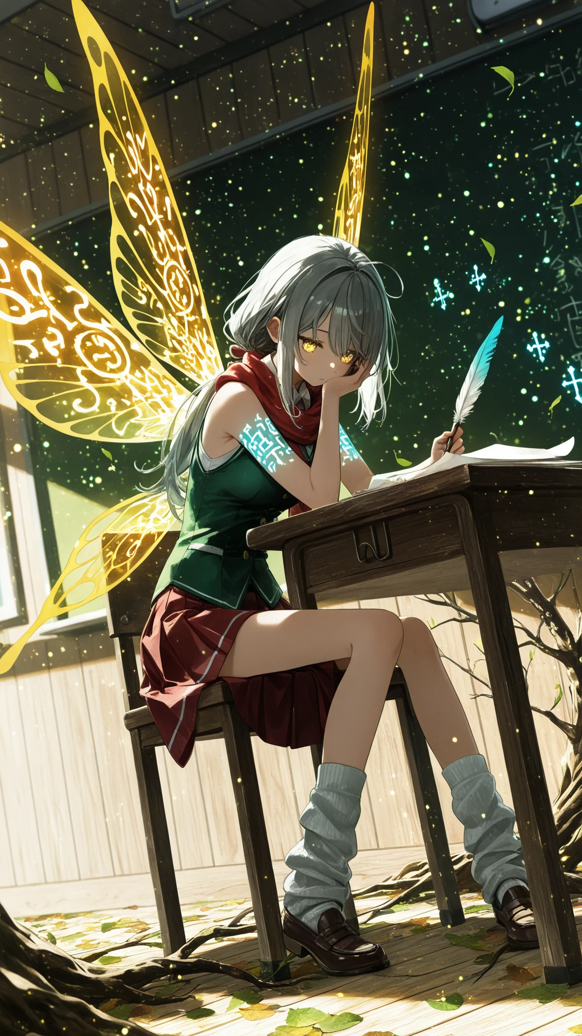 (dutch angle))(masterpiece, best quality),dynamic angle, looking down, ((close up of a girl)), upper body, portrait, ((magic runes, glowing runes, colorful runes)), ((magic runes on arms)), ((sitting on chair, desk, holding quill, writing on test paper)), ((colorful splash effect, swirling colorful particles)), colorful eyes, ((falling leaves)), ((classroom, wooden table, green chalkboard, sunbeams, tree roots on floor, wooden walls)), ((tree bark walls, bookshelves, ((Mirco size, enormous tree branch)), ((fairies gathered below)), ((flying fairies)), glowing eyes, long hair, gray hair, low ponytail, light skin, yellow eyes,thin, green sleeveless vest, red skirt, red scarf, loose socks, loafers, white collared shirt,,hand on face, looking down, colorful magic orbs, translucent wings, fairy wings, golden wings, thin legs, thin thighs, ((light particles, colorful particles)), dynamic illustration, dramatic lighting,