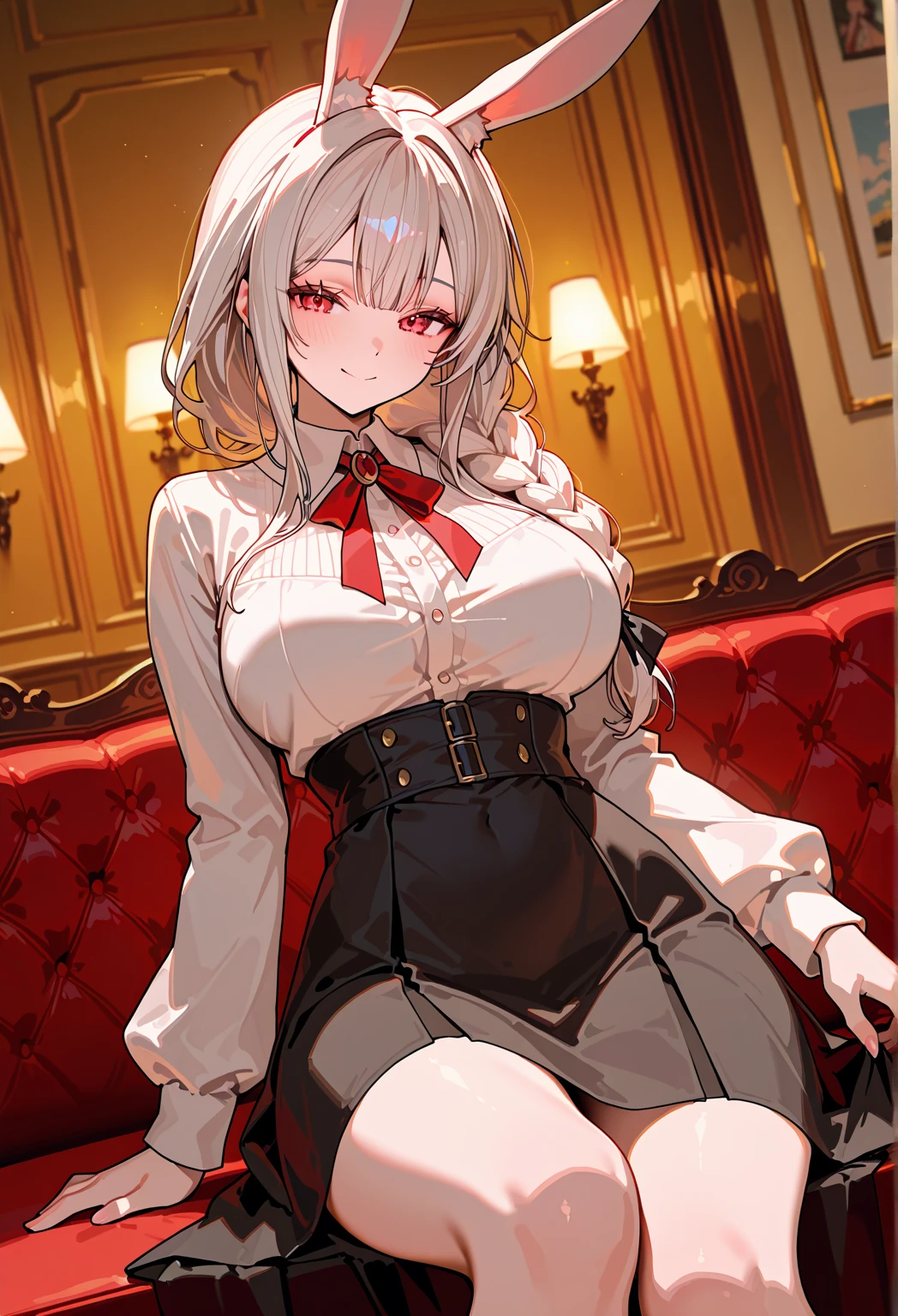 (Confused, High resolution, Very detailed), 1 female, Silver Hair, Long Hair, Reddish brown eyes, Dark suit skirt, lace thong, secretary, 24th generation, Beautiful woman, mature, thin, quiet, Calm, Large Breasts, A small smile, sofa,