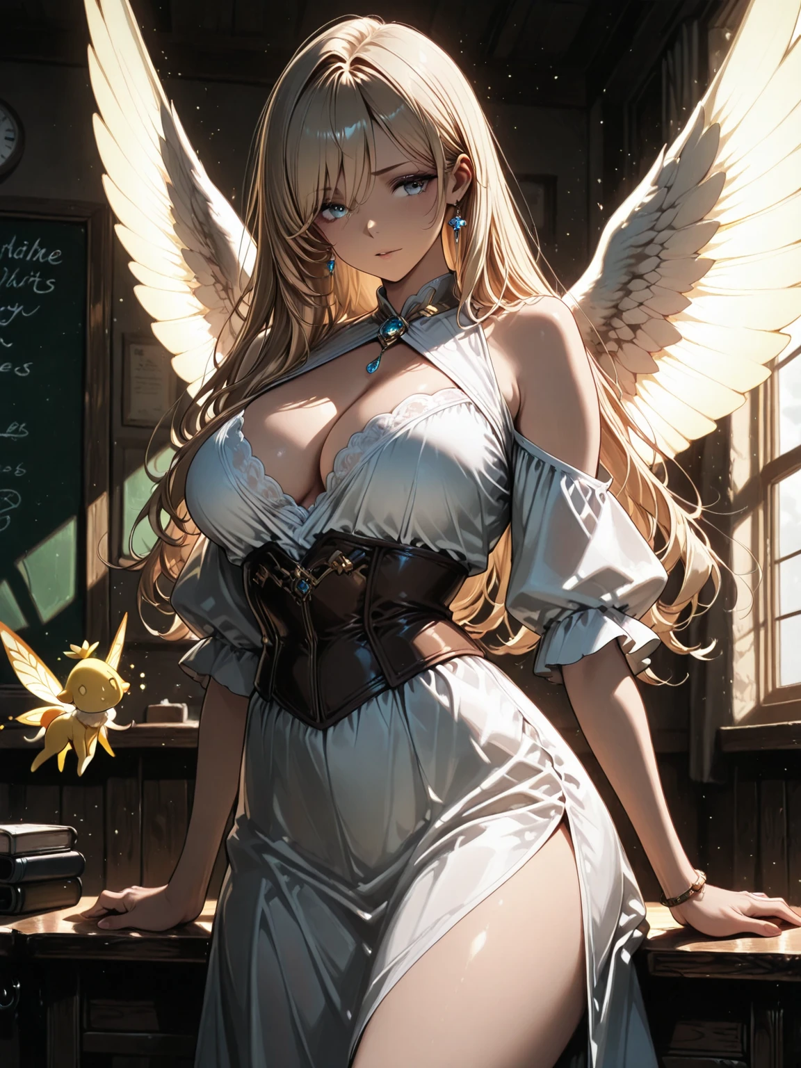 (masterpiece:1.2, 最high quality, 8K, advanced details), (realistic, photorealistic:1.4), beautiful illustrations, 
looking at the viewer, whole body, Front view:0.6, 
1 female, 23 years old, Japanese, ((long blonde hair:1.5, Curly hair on the outside)), blown hair, ((hair above one eye:1.5)),  ((big breasts, thin waist, big ass)) 
beautiful hair, beautiful face, beautiful and detailed eyes, (pink eyes:1.3), beautiful clavicle, beautiful body, beautiful breasts, beautiful thighs, beautiful feet, beautiful fingers, perfect anatomy:1.3, perfect anatomy , perfect anatomy:1.3, (forest:1.3), 
((put your left hand on your chest, open your legs:1.3)), 
(captivating gaze:1.3) 
((Angel with spread wings:1.8, white robe, corset, choker:1.6)),  Super detailed, high detail, high quality, 最high quality, 1080P, 16k