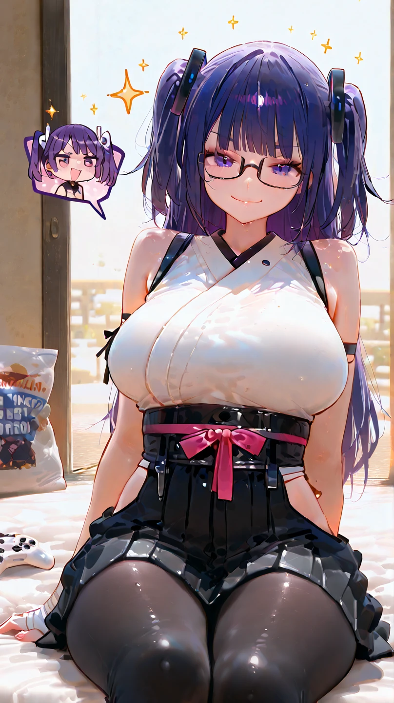 1girll，Lori huge breasts cleavage，short detailed hair，long leges，mini-skirts，eating apple，Purple colored hair，perspire，Shy，爆乳 --auto