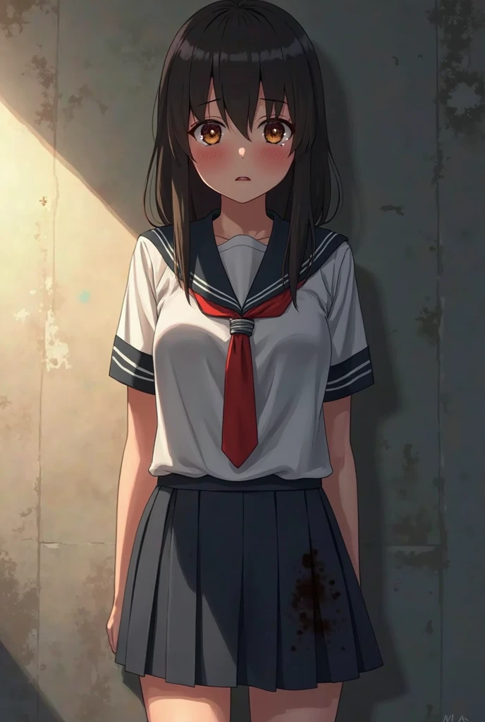 Japanese teenage girl in school uniform crying and there is blood splash on her face ,HD,4k,realistic,afternoon,Full Body Angle, school warehouse background, face looking at the camera with glassy eyes and shedding tears