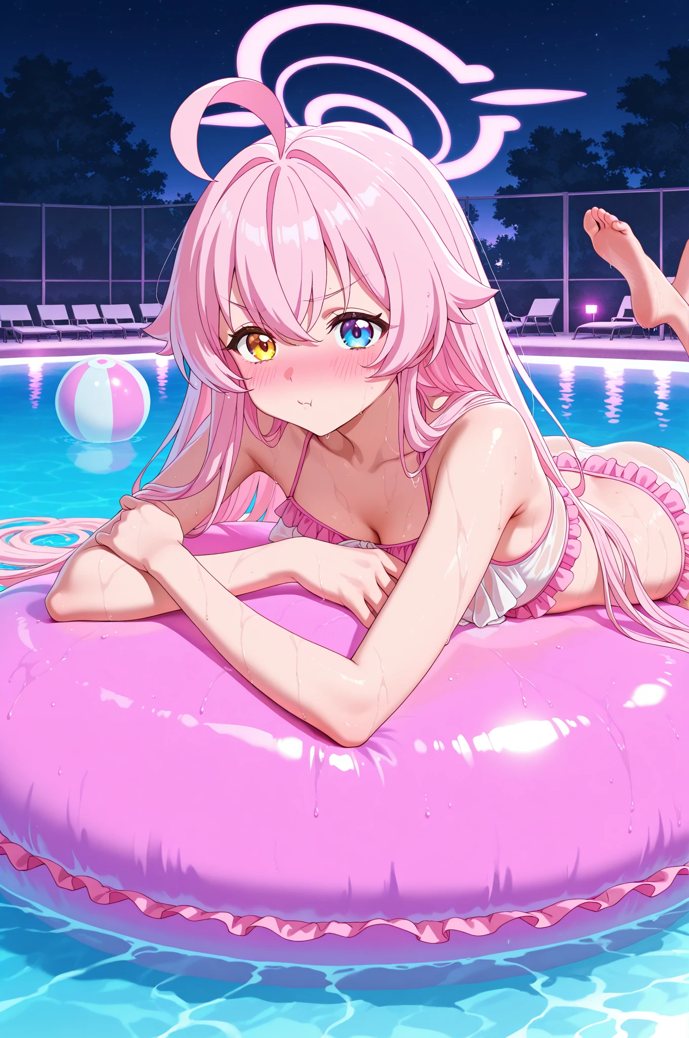 Himari Meimei, masterpiece, Voluptuous thighs, petit body, little young girl, flat chest, {1 Girl}, Cute and erotic smile, Highly detailed sparkling blue purple eyes, summer night, 困り眉, brilliant pink hair, lying on beach bed, completely nude, nsfw, squatting, showing off childish pink vagina, low-angled