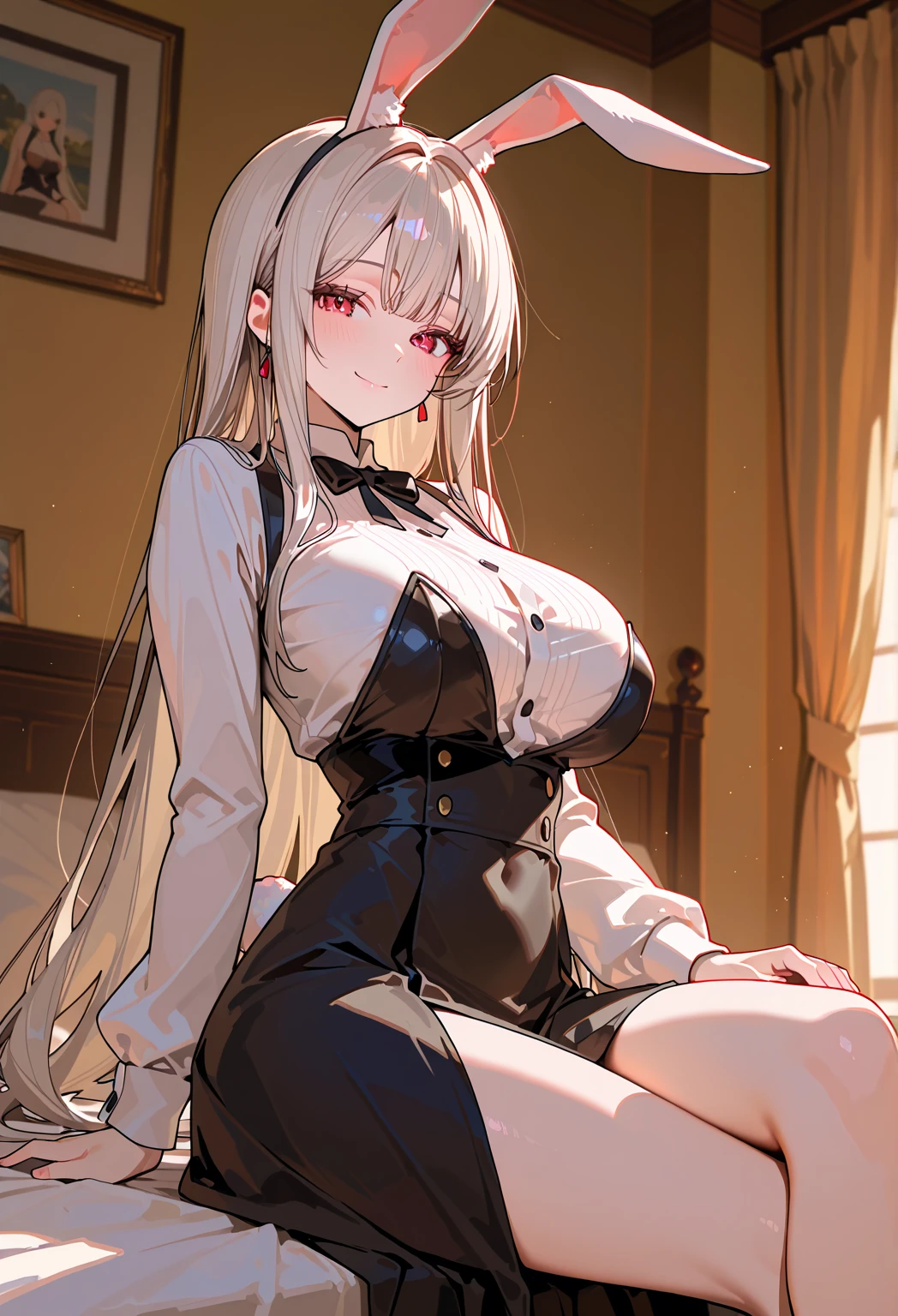 /(Front focus), /(Front view,), /(Focus on girl,), A beautiful girl, high school student, sitting on a chair, crossing legs, beside the window, lifting her skirt with lust using one hand while looking at the viewer in a flirtatious and horny way, touching her crotch over her skirt, caressing her legs with one hand, closing her eyes, moaning, leaning against the back of the chair, breathing heavily, blushing, blouse, traslucent blouse, wet blouse, blouse completely open and unbuttoned, bra visible under blouse, sweat and wet body, /(extremely long straight hair, almond-shaped eyes, hourglass-shaped athletic body, Big chest, medium hip, medium waist, shapely legs, perfect fingers, Greek nose, perfect hands, triangular face,), /(uniform: white V-neck blouse long sleeves, gray pleated mini skirt, black satin blazer with gold buttons, black pantyhose,),