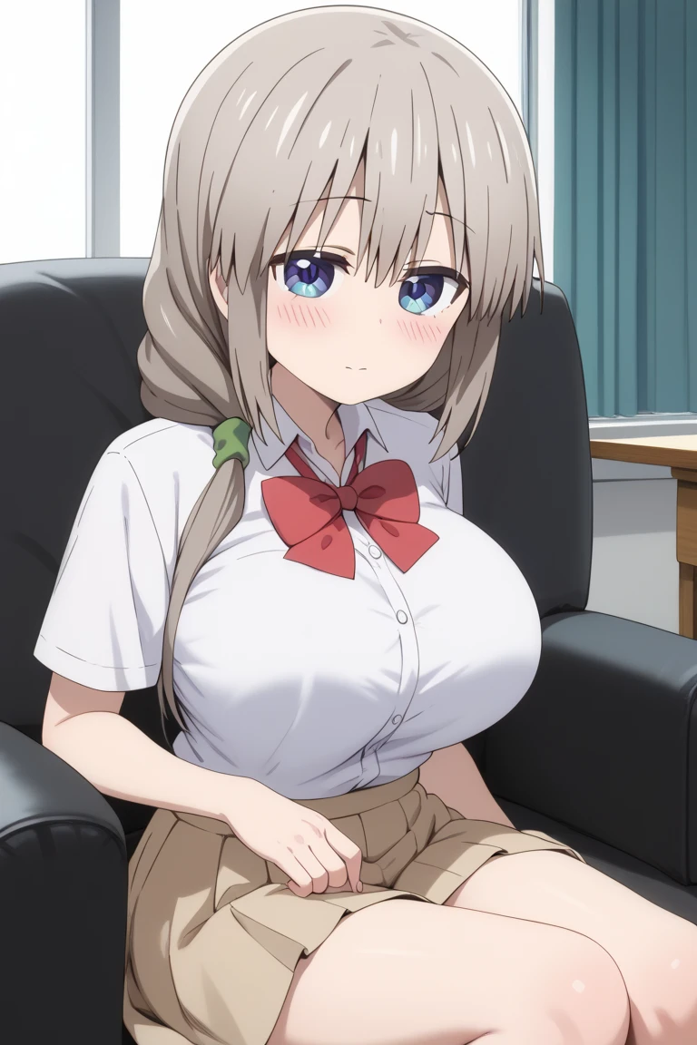 masterpiece, best quality, AliceKV4, 1girl, solo, looking at viewer, smile, parody, anime coloring, skirt, sitting, , necktie, socks, plaid, kneehighs, plaid skirt, crossed arms, crossed legs, striped necktie, ((upper body)), sweater vest, bench, big breasts, room, bed, indoors
