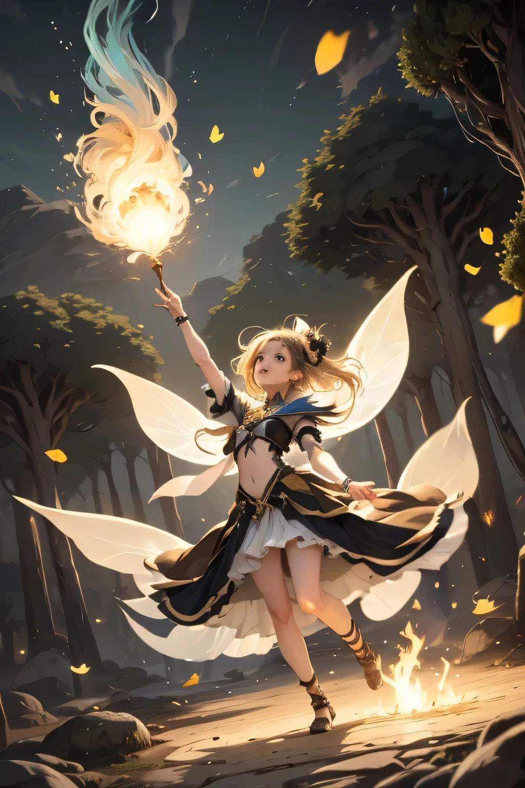 Elemental Magic Lesson Four fairies float in a circle, each surrounded by a different aura: dancing flames, waves of light, petals moving in the wind, and sparks of air.