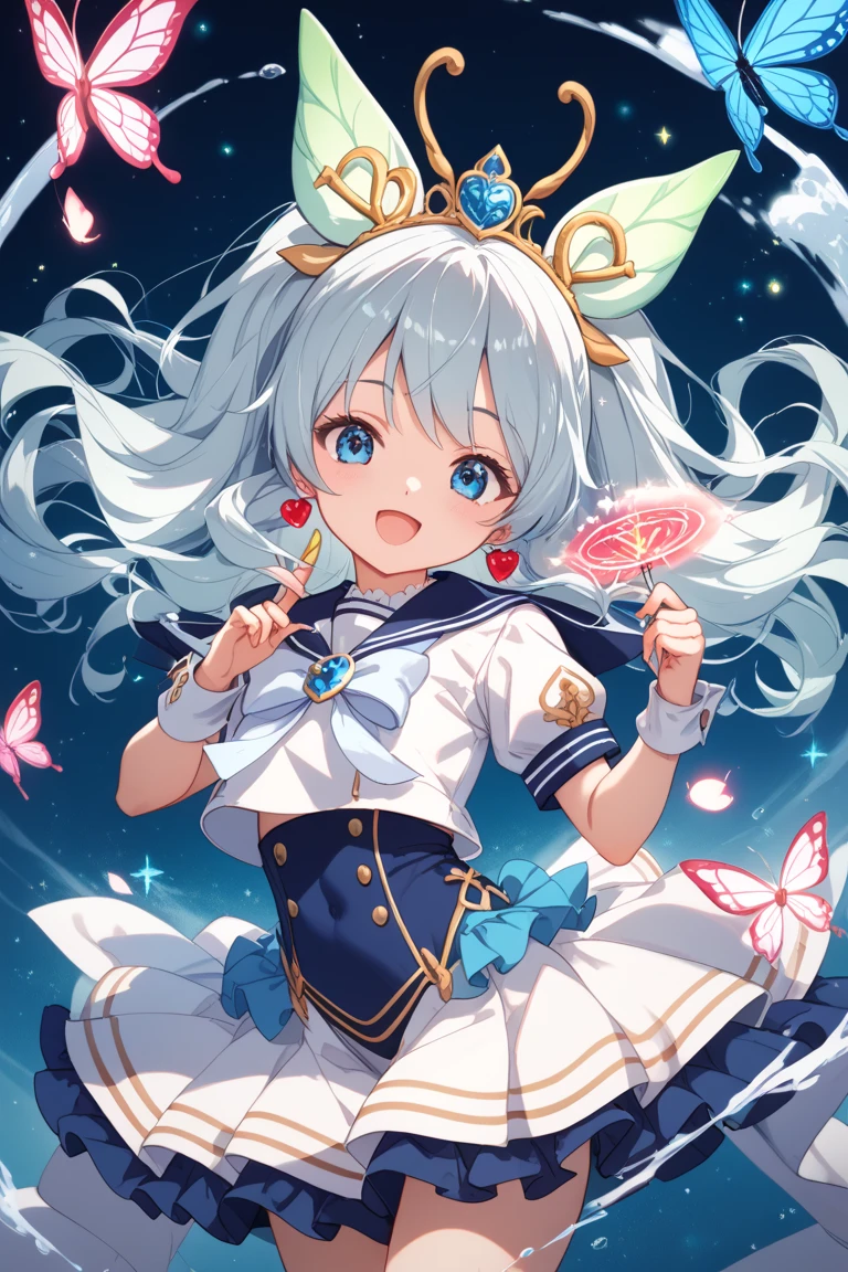 Highest Quality、masterpiece、big boobs、fairy students singing spells in a circle、beautiful sound waves are visualized in the air、with musical notes and particles of light dancing like butterflies、a space of fantastic harmony、white with musical note pattern x navy blue x sailor style magic suit、silver ribbon and harmonica shaped brooch、Holding a small tuning fork in hand、hair neatly organized dango style、cute