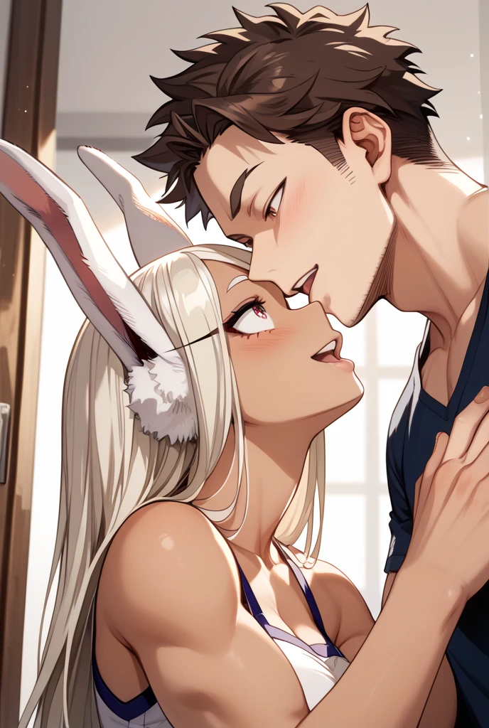 Browsing Caution,1 male,Sweat,White Breath,1 man's daughter,Groin bulge,Standing posture,Large areola,White steam,Small breasts,Bunny costume1 person,blonde low twintails,Open the red curtains,Bed,Dark Room,Kiss