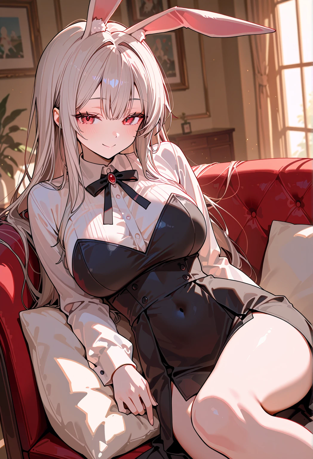 (Highest quality, High resolution, Very detailed), 1 female, Silver Hair, Long Hair, Reddish brown eyes, micro mini dress, Nude, pussy, vaginale, ((pussy juice)), secretary, 24th generation, Beautiful woman, mature, quiet, Calm, Large Breasts, A small smile, sofa, sitting, spread legs,