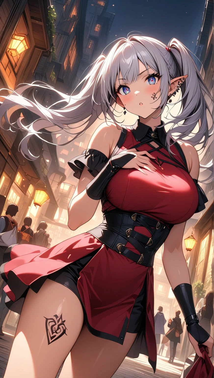 knight，Dragon Girl，Anthropomorphic Dragon，Dragon Horn，巨龙wing，龙的wing，wing，巨大的wing，silver white的巨龙wing，knight盔甲，Plate，Breastplate，Wristband，Arm Guard，Metal armor，重型armor，承重armor，厚重的armor，armor，wing，巨龙wing，巨龙knight女孩，Big breasts，Pale，silver white，White hair，White scales，Dragon Claw，butt，大butt，Fantasy style背景，City background，Street background，Fantasy styleStreet background，中世纪Street background，Street background，Fantasy style，Fantasy style，Skirt Armor，Skirt，Dragon Tail，巨Dragon Tail，Fleshy tail，Chubby tail