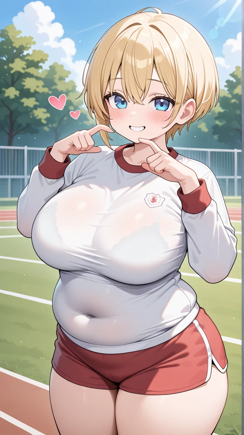 ((Masterpiece)), perfect anatomy, perfect shading, field of depth, (best quality), extremely delicate and beautiful, perfect lighting, detailed face, ultra cute face, cute, (cowboy shot 1.2), looking at viewer, full body, (((1girl))), (((solo))), cheerleader
short hair, fluffy hair, blonde hair, blue eyes, short girl, ((blush))), evil smile, (cheerleader uniform), (blue and white tank top 1.2), (short section red skirt 1.2), thigh highs, chocker, extremely tight clothes, medium breasts, cleavage, perky breasts, (skinny legs), ((thigh gap)), fit
School gym, intricate background, detailed background, sweaty, hands on hip