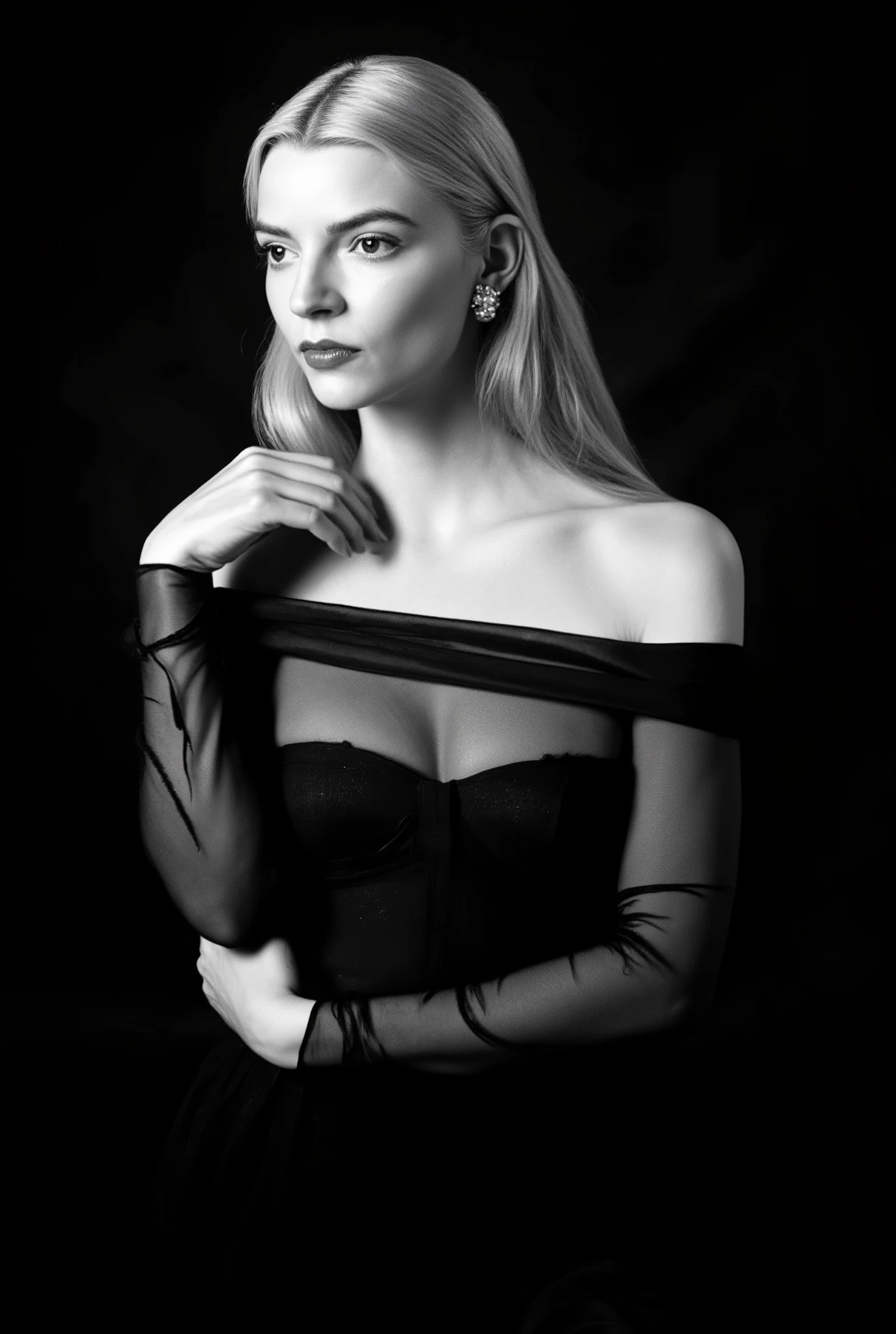 In this striking black and white photograph, a woman is captured with graceful movement and elegant poise. Her long, blonde hair cascades down her back, contrasting beautifully against the dark backdrop and adding dynamic texture to the image. She is partially draped in a sheer, black fabric that envelops her form, creating fluid lines and shapes that accentuate the contours of her body. The fabric seems to dance around her as she holds it close to her body, with one hand gripping the fabric near her shoulder and the other at her midsection. Her exposed shoulder and neck create a sense of vulnerability and softness, while the monochrome palette accentuates the play of light and shadow, offering depth and richness to the composition. The image evokes a sense of motion and emotion, capturing an intimate moment of expressive movement and artistic allure. She looks at the viewer with a piercing gaze and a sensual expression on her face. small breasts, natural light skin tone, detailed face, detailed skin texture, realistic skin with vellus hair, moody atmosphere, masterpiece, high quality, ultra-detailed, professional photography, intricate details, looking at viewer, hyperrealism