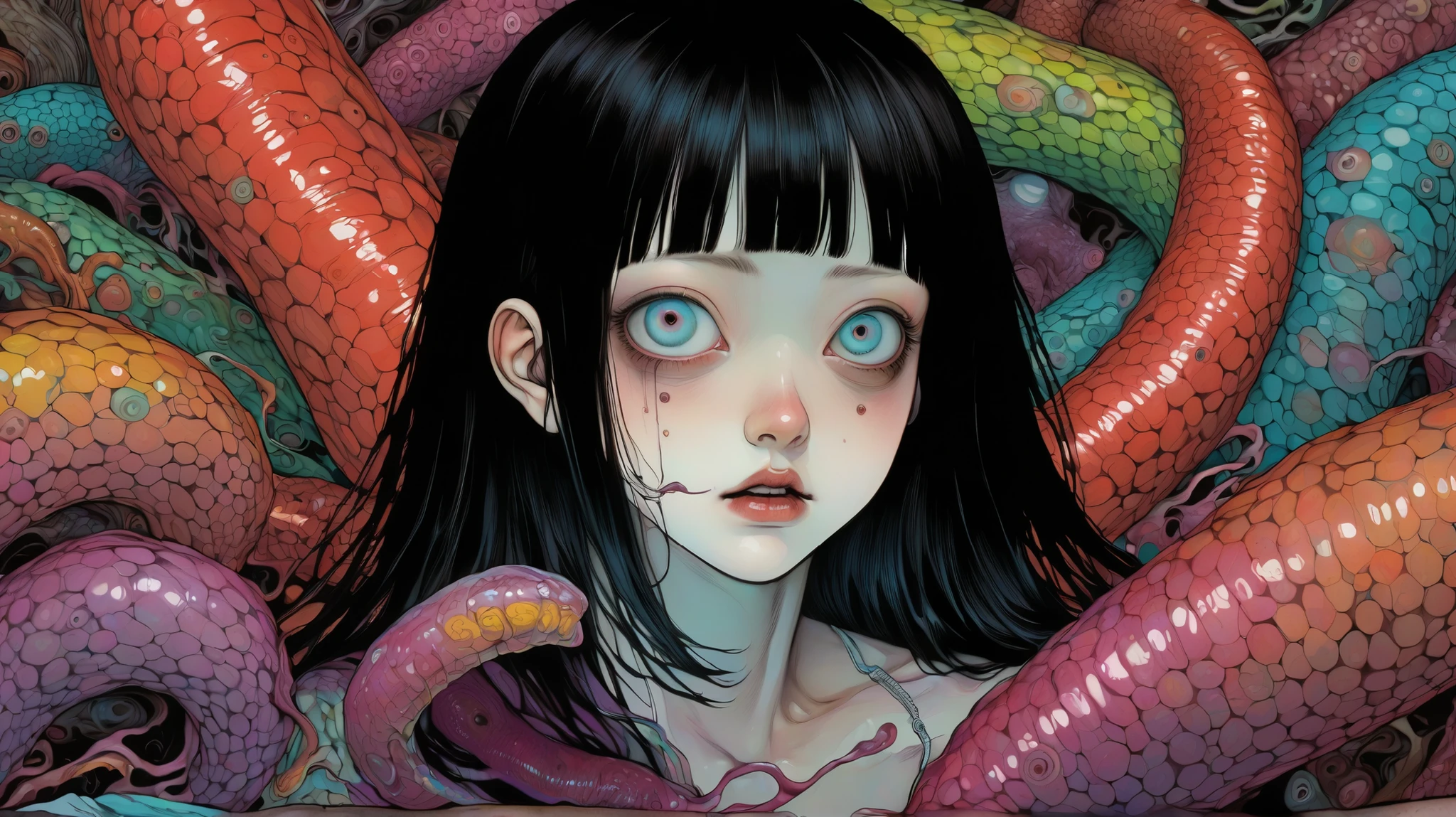 1girl,20 years old,solo,long hair,pink hair,(black long dress),open mouth,outstretched hand,partially submerged,(((scylla))), (((octopus girl))), standing, (tentacles:1.33), (suction cups:1.33),squidlegs, (inside, in a gym)