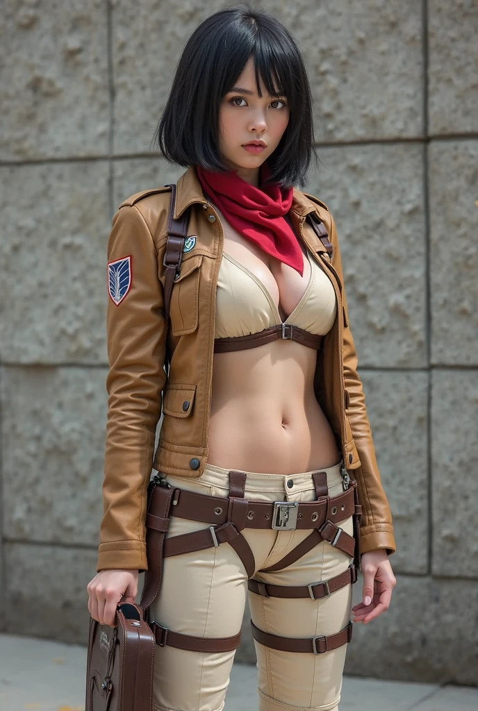 Master Parts, Best Quality, Haute, hmmikasa, Short hair, Black eyes, red bra, Underwear for the lower body, Swimwear Scarf, emblem, Belt bag, Thigh strap, red scarf, White pants, Brown jacket, shortsleeves, the beach