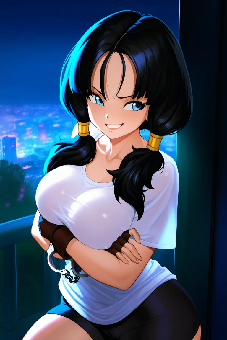 Waifu, masterpiece, curvy, breasts, moon, full moon, gloves, 1girl, clenched teeth, videl, cleavage, large breasts, teeth, ((straight black hair)), ((white top:1.3)), blue eyes, rating:explicit,rule34, hardcore, ,clenched hands, night, sky, ((side bangs:1.4)), (white skin:1.5), bare shoulders, blue hair, clenched hand, rating:questionable, ((low twintails:1.5)), ((black tight shorts)), solo, angry, lip biting(gigantic and massive tits:1.1), breasts, official illustration, illustration, detailed face, beautiful intricate eyes,1:2), titsnipples