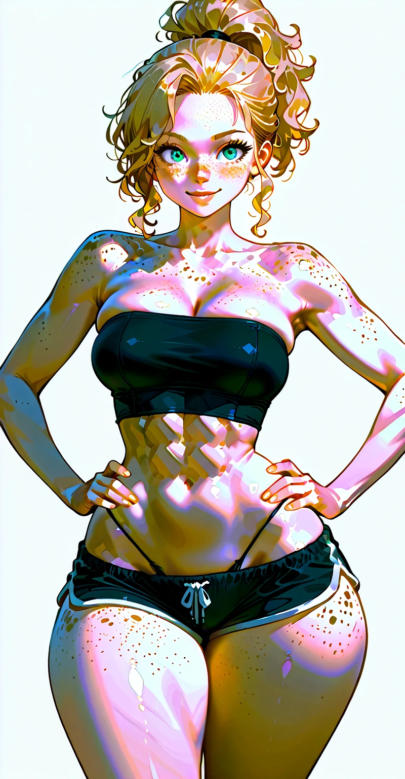(Masterpiece, plain background:1.2, detailed:1.3, far shot view from below angle, 1chica 1solo) de pie cuerpo completo, mujer madura, ojos, pelo largo, bikini, abdominales pronunciadas, Cuello de cadena, tatuaje de estomago (tatuaje rojo) Engel_Salvia, smirk