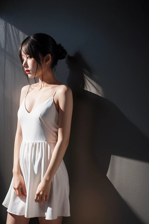 Wearing a white dress, leaning against the wall in the room, moaning with her mouth open, hands behind her back 4k, about 35 years old ，perfect face   