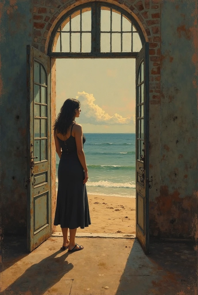 The image depicts a woman with her naked body in shadow inside a furnished room standing near a half-open door on the terrace of a Sicilian house, looking at the sea view