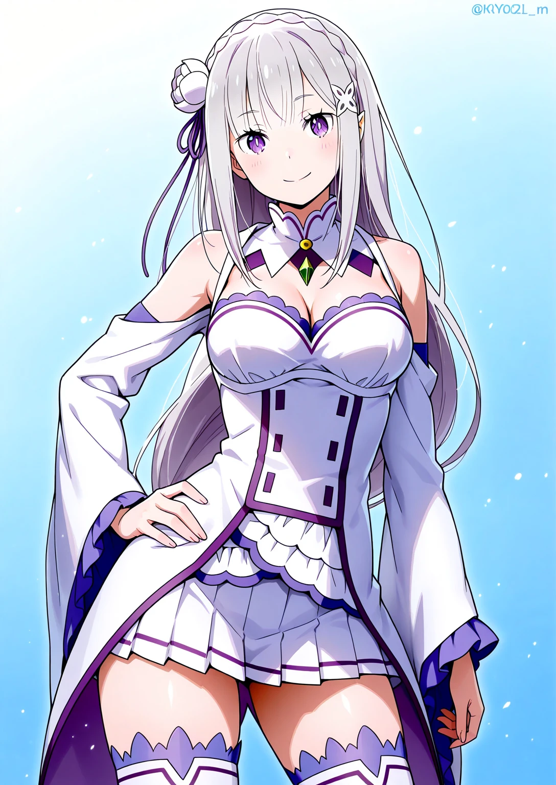 best quality, highres, ultra-detailed, Emilia, grey_hair, upper_body, lower_body, standing, medium_breasts, cleavage, very_long_hair, white_thigh_boots