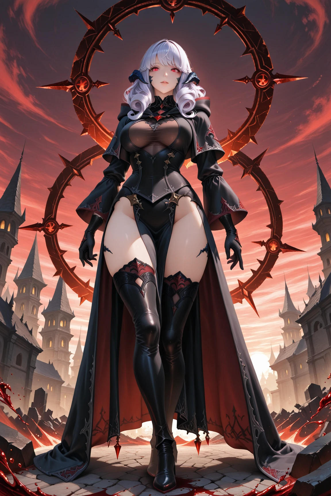 black lips, flying crows, witch (masterpiece), best quality, (((in hyper realistic and detailed fantasy crimson short dress, aethereal fantasy aesthetic style))), intricate perfect beauty face, detailed sharp expressive eyes, hyper realistic and detailed white hair, (((from face to the waist))), (((beauty slim shape))), 4k, UHD