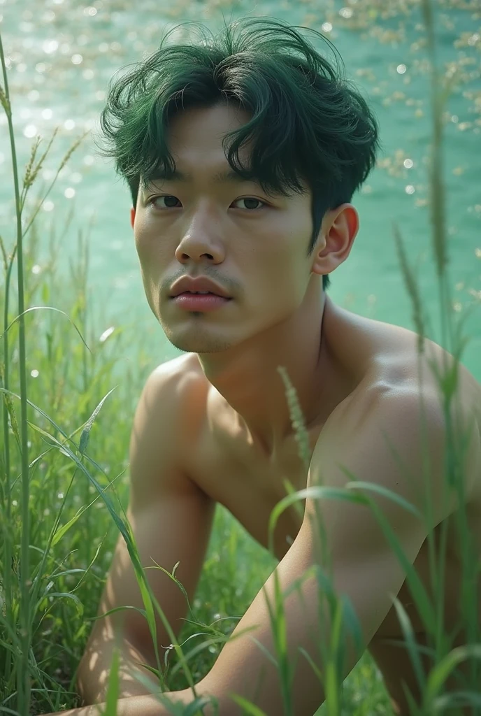 sideways view of Korean young boy, ancient prince, wearing golden crown ,sharp eyes Sitting with hugging knees beneath big tree in deep forest wearing dirty torn grey underwear , shirtless,