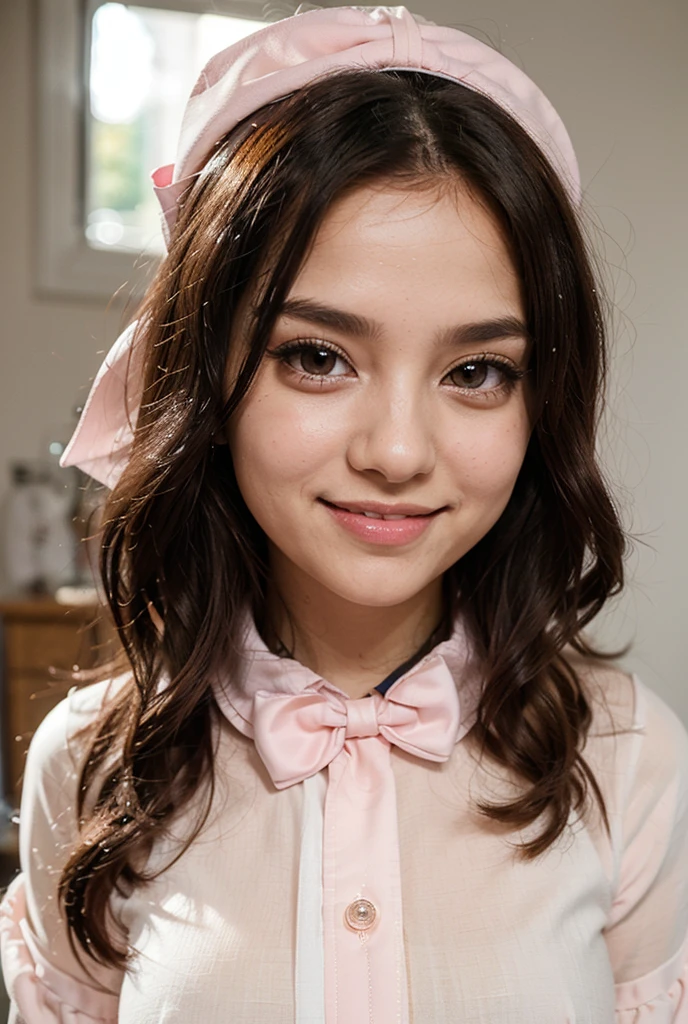 A 15 year old princess, big breasts, short and brown hair, pink lips with a sweet smile, blue eyes, Pale skin, with a bow on her head, an adorable face, with white shoes 