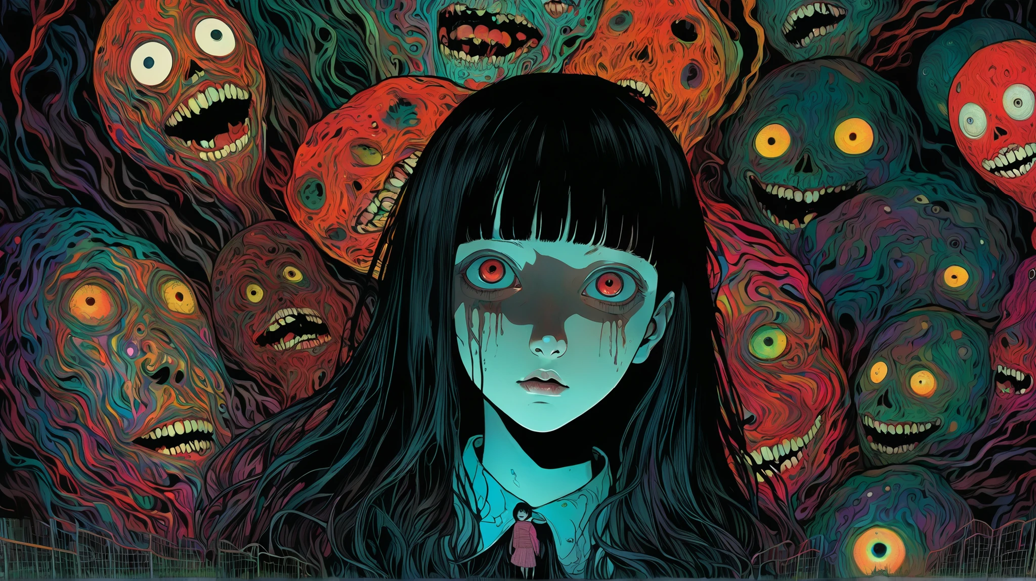 (Obra maestra, La mejor calidad),, Closeup, fondo, colores vibrantes, highest qualityr, Detalles asombrosos, Arte lineal, De color azul, blanco, negro, rojo, oscuro, Cosmic Terror, horror, cuerpo completo, miedo, enojada, horror, terror, dientes puntiagudos, espacio, sombra realista,error en la matrix