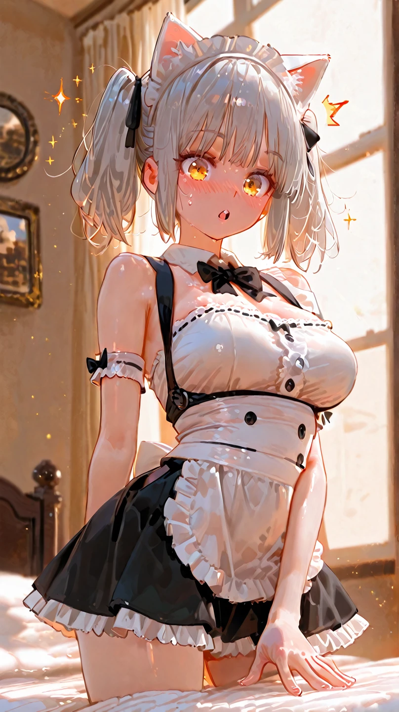 (masterpiece, best quality:1.2),illustration,8k,hd,1girl,solo,upper body,(portrait:1.2),short_hair,large_breasts,white_hair,dress,white_thighhighs,underwear,short_sleeves,frills,apron,red_eyes,cleavage,metal_collar,anchor_choker,maid,white maid,