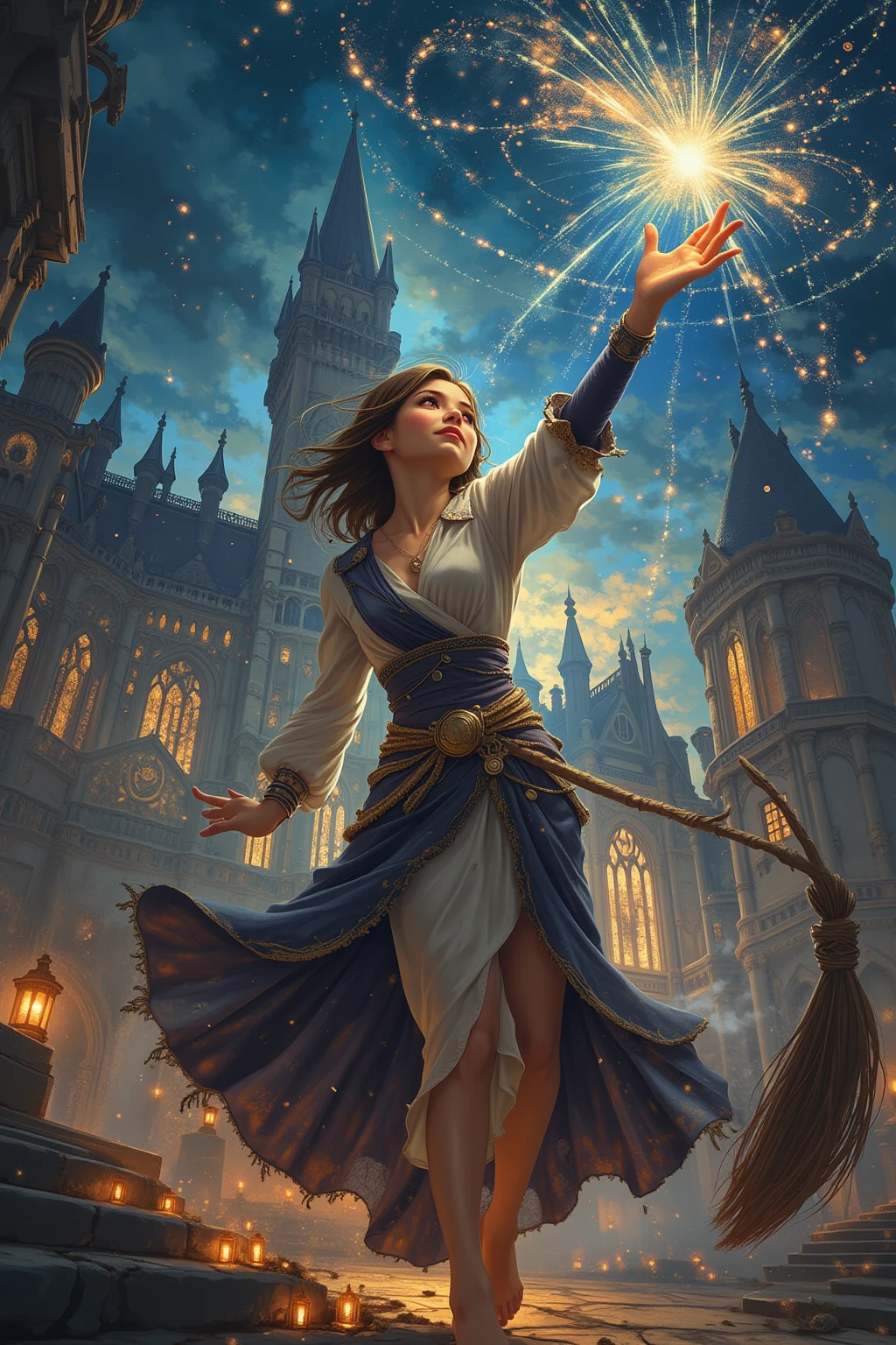 (clothed, masterpiece, wide angle, cinematic establishing shot, young adult european woman, highly detailed background:1.2), volumetric lighting, subsurface scattering, dynamic pose, (special effects, color grading, fantasy aura), (Dusk Enchanter:1.4), (Small Perky breasts:0.81), Evening glow, enchanted objects, twilight spells, magical trinkets